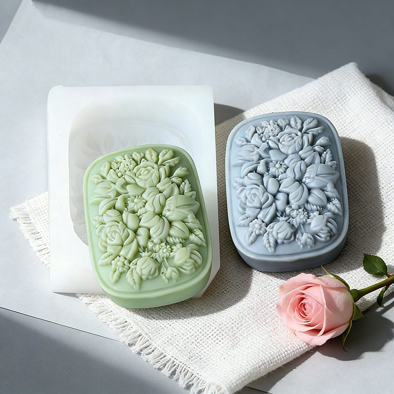Soap Making In Home - แม่พิมพ์สบู่ซิลิโคนลายดอกไม้ทรงสี่เหลี่ยมพร้อมลายดอกกุหลาบและดอกพุด ใช้ซ้ำได้ อุปกรณ์ทำสบู่แฮนด์เมด ของใช้ในบ้าน ของตกแต่ง ของขวัญ